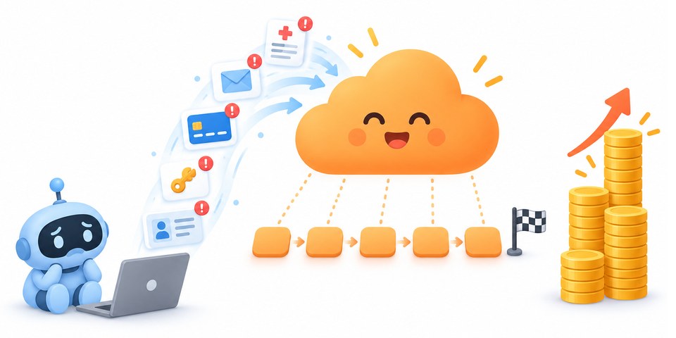 The cloud happily finishes every step while an ID card, key, credit card, email and medical record fly up from the laptop into it, next to a growing stack of coins.