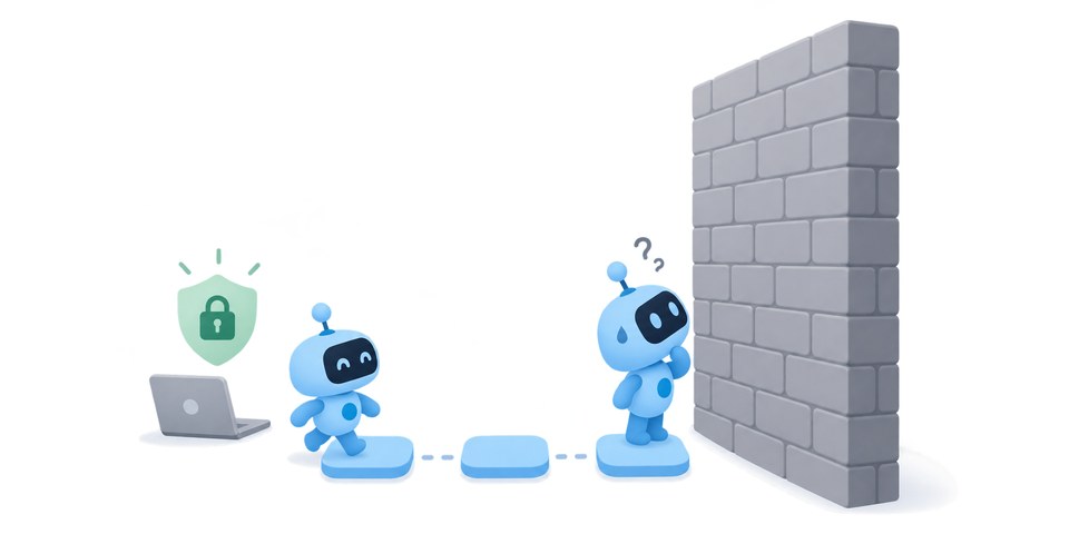 The edge robot walks a few steps and then stands puzzled in front of a tall brick wall; a padlock above the laptop shows the data stays local.