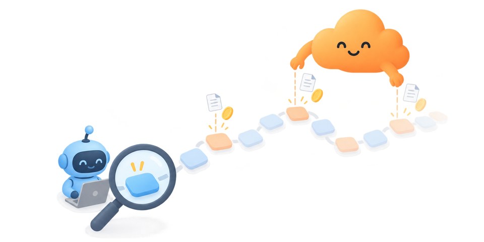 A magnifying glass examines only the first tile of a long path, while the cloud joins at several later points where documents and coins float away unexamined.