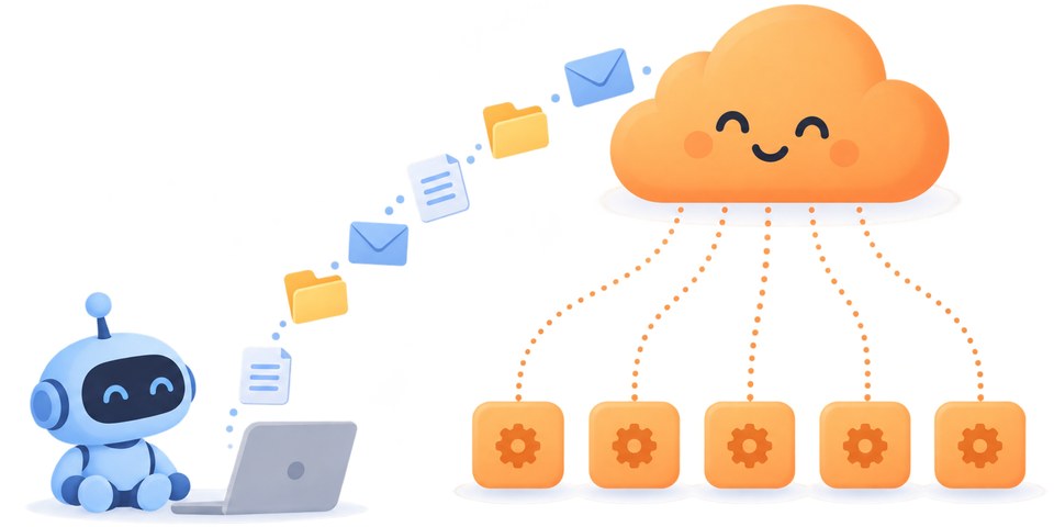 The cloud does every step on orange tiles while documents and folders from the laptop flow up into the cloud.