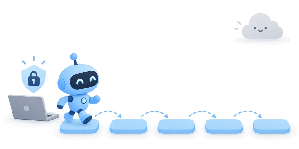 The edge robot walks every step itself on blue tiles; the cloud stays far away and a padlock shows data stays on the device.
